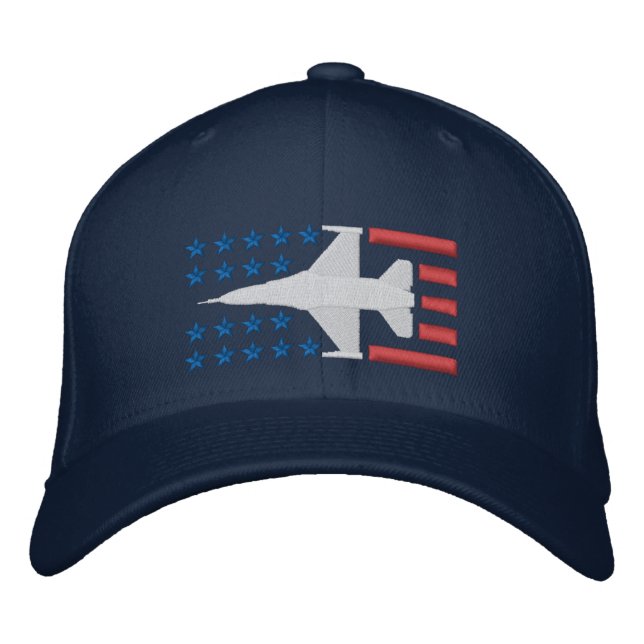 Gorra Bordada F-16 Luchadores Estrellas Jet y tiras Rojo Azul Bl (Anverso)