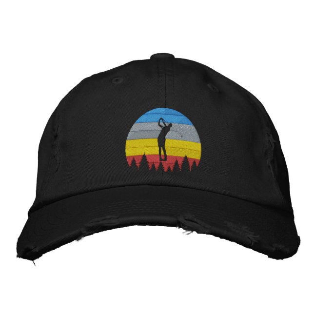 Gorra Bordada Golfer Silhouette Swing Retro con fondo a rayas (Anverso)