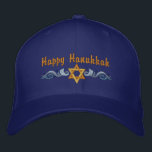 Gorra Bordada Hanukkah Greeting<br><div class="desc">El diseño de Hanukkah presenta una estrella dorada de David con remolinos azules. El texto anterior dice Feliz Hanukkah,  pero es opcional y puede ser personalizado o borrado por usted.</div>