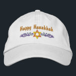 Gorra Bordada Hanukkah Greeting<br><div class="desc">El diseño de Hanukkah presenta una estrella dorada de David con remolinos azules. El texto anterior dice Feliz Hanukkah,  pero es opcional y puede ser personalizado o borrado por usted.</div>