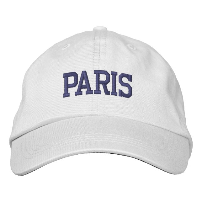Gorra Bordada PARÍS Bordado Azul Oscuro sobre Blanco (Anverso)
