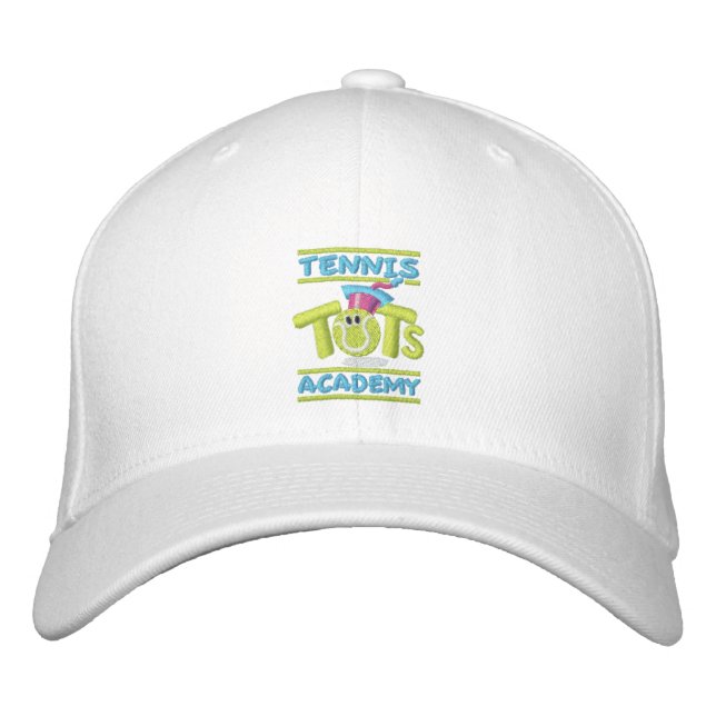 Gorra Bordada Tennis Tots Academy apiló el logo, nombre, sitio w (Anverso)