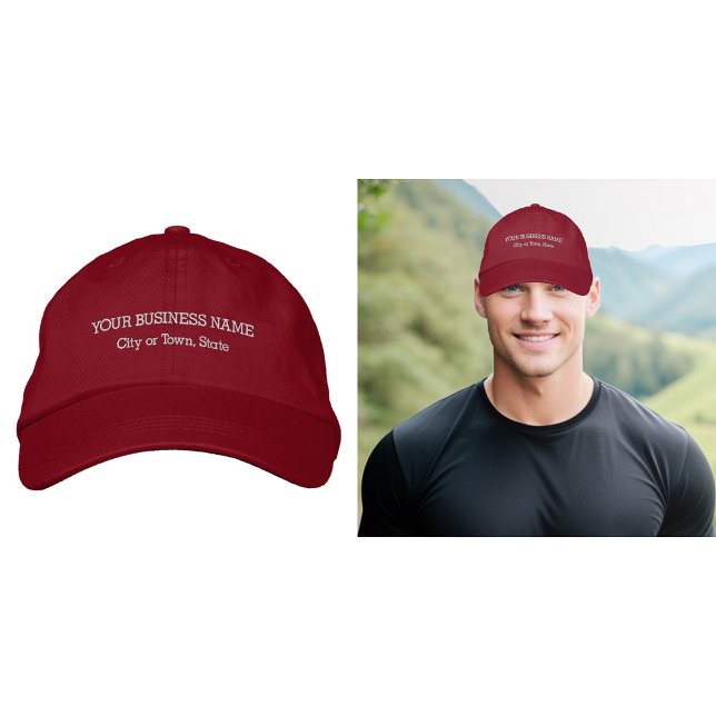 Gorra Bordada Texto comercial bordado en rojo (Business name and location embroidered on red cap)