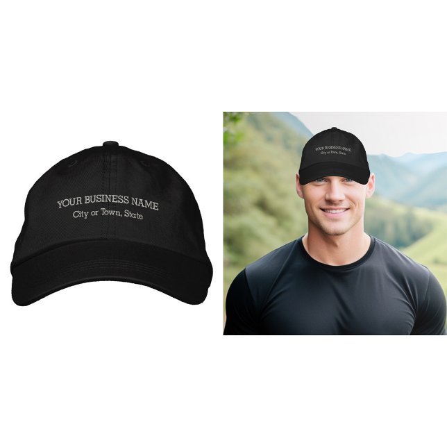 Gorra Bordada Texto de negocios gris bordado en cápsula (Business name and location embroidered on cap in gray thread)
