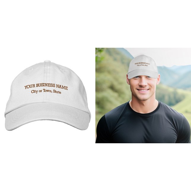 Gorra Bordada Texto de negocios marrón bordado en cápsula (Business name and location embroidered on cap in brown thread)