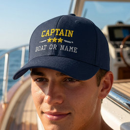 Gorra Bordada Tu Nombre de Barco Capitán Estrellas Náuticas Oro