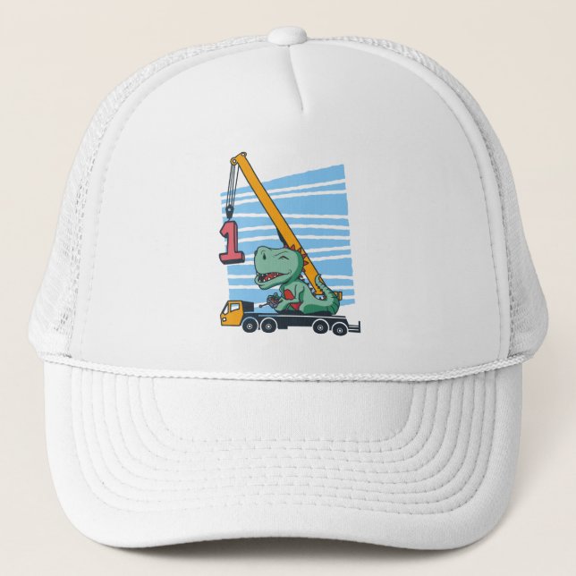 Gorra De Camionero 1.ᵉʳ cumpleaños 1 año Dinosaurio de grúa móvil (Anverso)