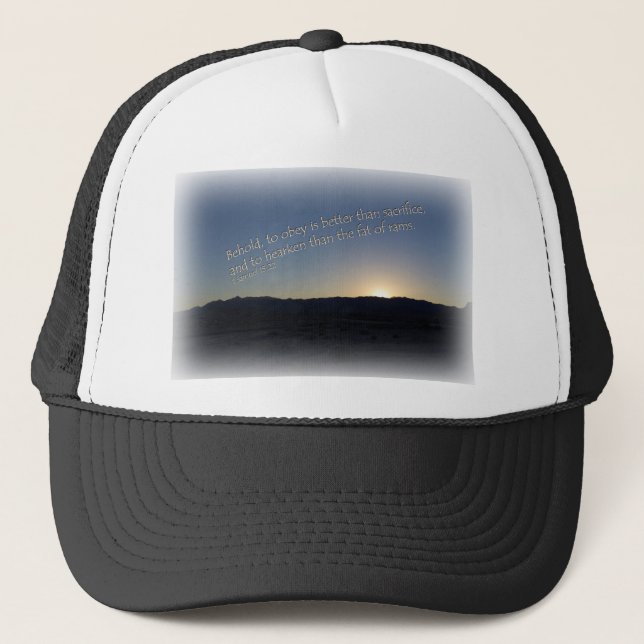 Gorra De Camionero 1 Samuel 15:22 Frontera blanca de puesta de sol (Anverso)