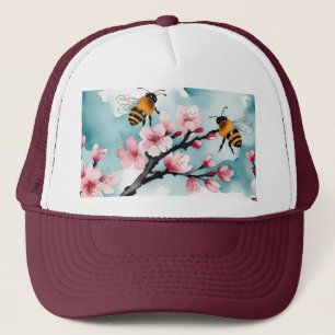 Gorra De Camionero 2 abejas de burbujas y flores de cerezo rosado