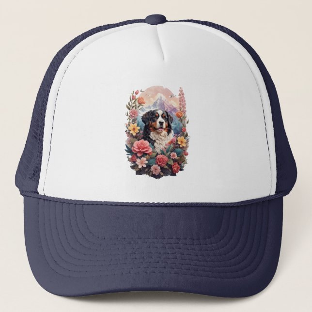 Gorra De Camionero 3.D Fantasía Floral Bernese Mountain Pájaros de ca (Anverso)