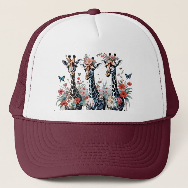 Gorra De Camionero 3 jirafas adorables con flores (Anverso)