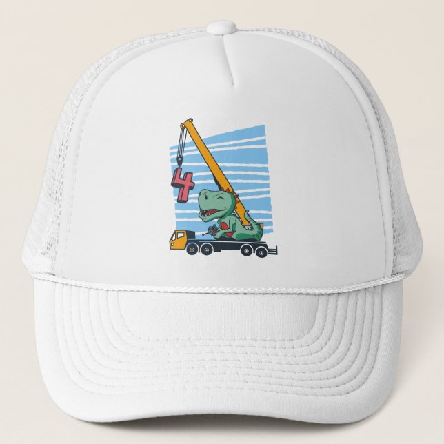 Gorra De Camionero 4 años 4º cumpleaños Crane Dinosaur (Anverso)