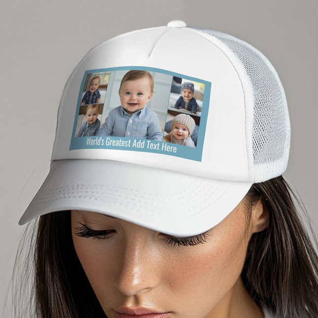 Gorra De Camionero 5 Collage de fotos Blanco azul mínimo moderno (Custom Trucker Hat with Photo Collage)