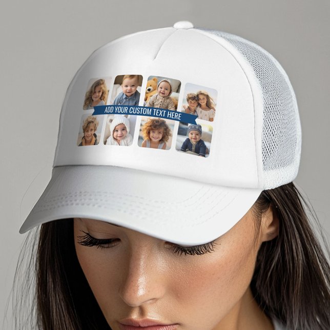 Gorra De Camionero 8 Collage de fotos con texto Personalizado de la c (Custom Photo Collage Trucker Hat)