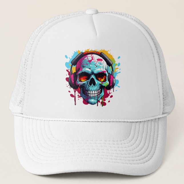 Gorra De Camionero A DJ POP ART SKULL Trucker Hat (Anverso)