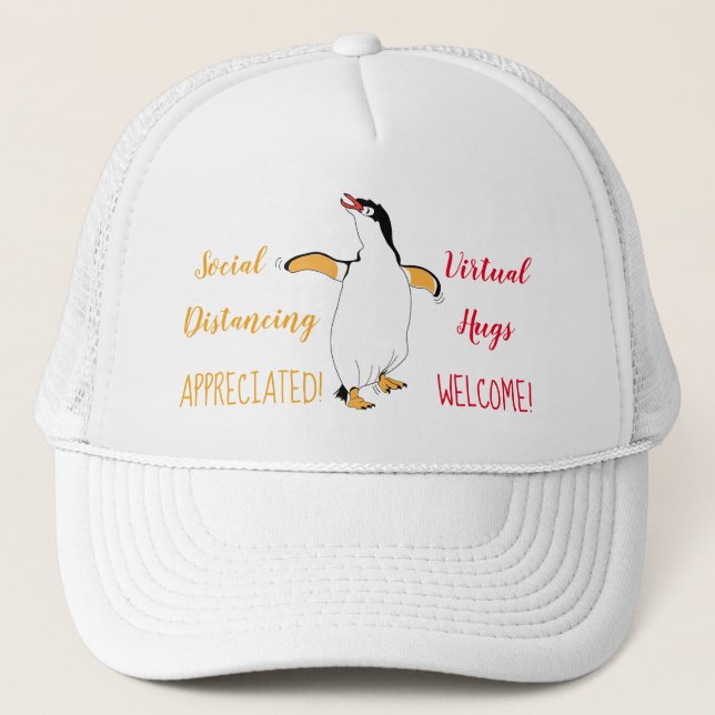 Gorra De Camionero Abrazos virtuales del pingüino de distanciamiento  (Anverso)