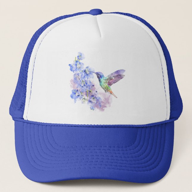 Gorra De Camionero Acuarela Azul Hummingbird Jardín Ave (Anverso)