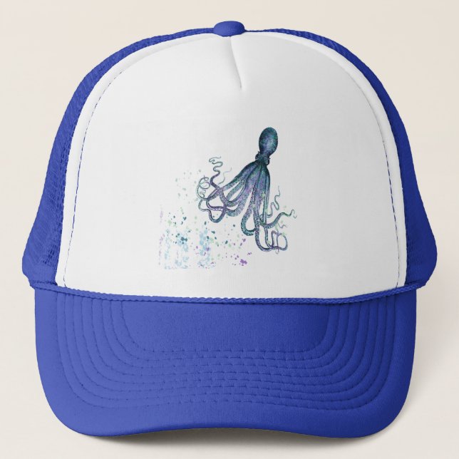 Gorra De Camionero Acuarela Octopus azul submarino Animal Art (Anverso)