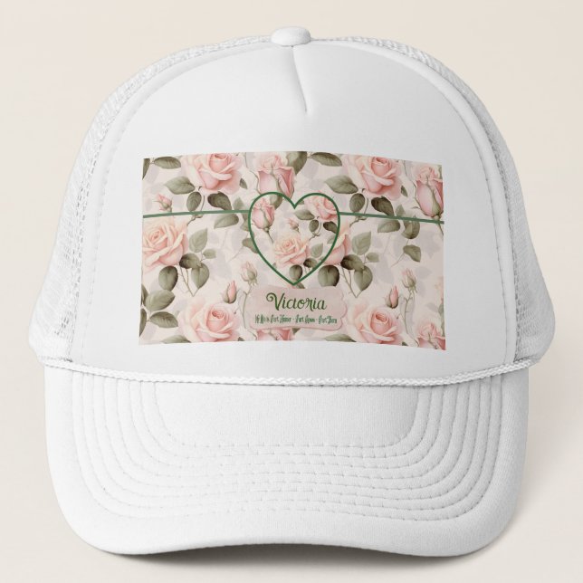 Gorra De Camionero Acuarela Rosa Rosada y Botánica (Anverso)