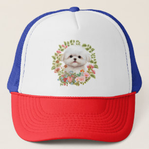 Gorra De Camionero Adorable cachorro maltés en flor, amante de los pe