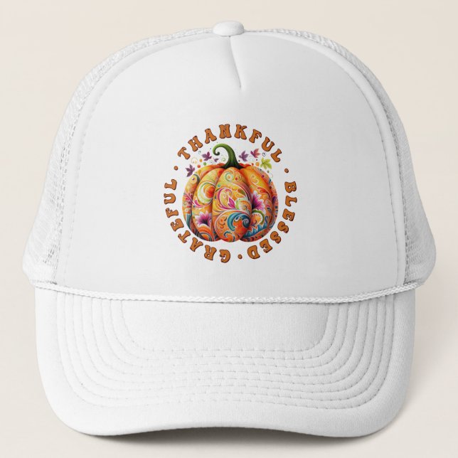 Gorra De Camionero Afortunada, bendecida calabaza floral (Anverso)