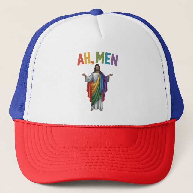 Gorra De Camionero Ah Men Funny Orgullo Gay LGBT Jesús Bandera Arcoir (Anverso)