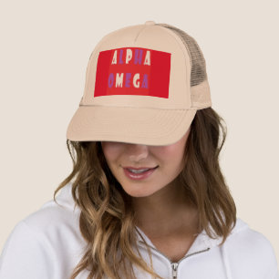 Gorra De Camionero Alfa Omega color rojo púrpura gran texto