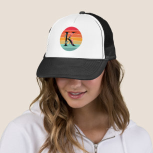 Gorra De Camionero Alfabeto floral K retro monograma de puesta de sol
