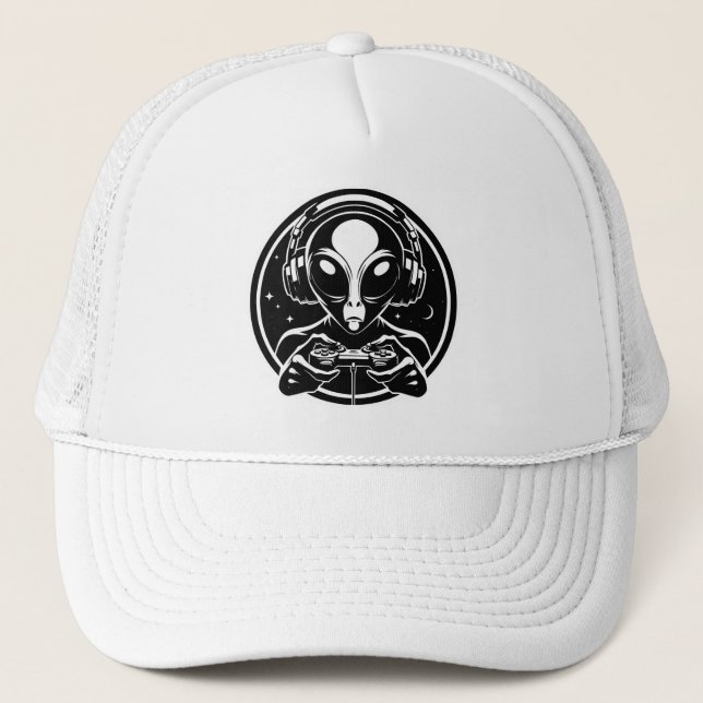 Gorra De Camionero Alien de gamer con controlador y audífonos (Anverso)