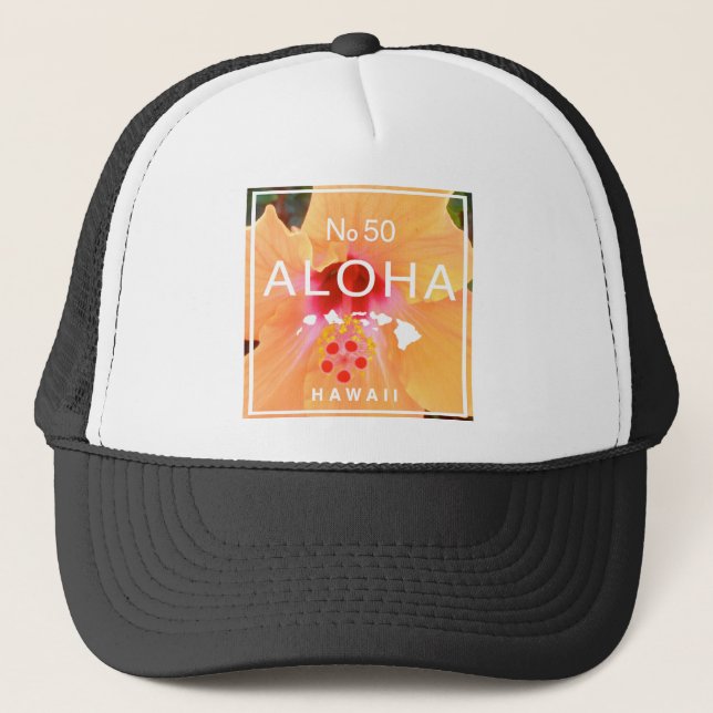 Gorra De Camionero Aloha No 50 Naranja Hibiscus (Anverso)