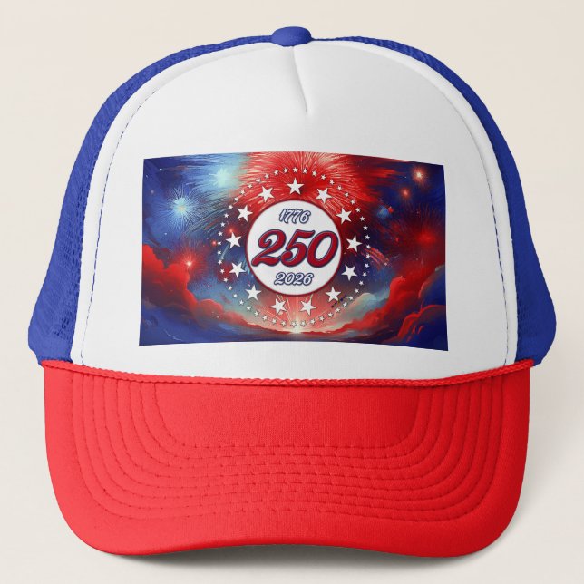 Gorra De Camionero America’s 250th B-day Graphic Fireworks Clouds Wh (Anverso)