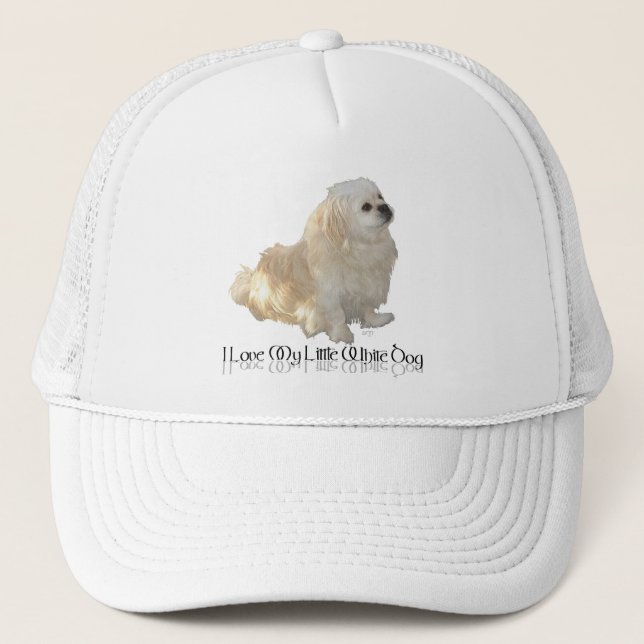 Gorra De Camionero Amo a mi pequeño perro blanco - Pekingese ! (Anverso)