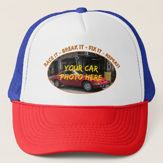 Gorra De Camionero Añadir nombre, foto de su auto, texto, RACE IT - R (Anverso)