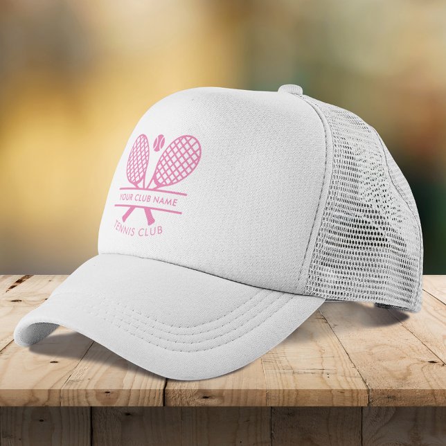 Gorra De Camionero Añadir tu nombre de club Iconos de tenis a cualqui (Lawn Tennis Rackets Motif Custom White Pink Players Trucker Hat)