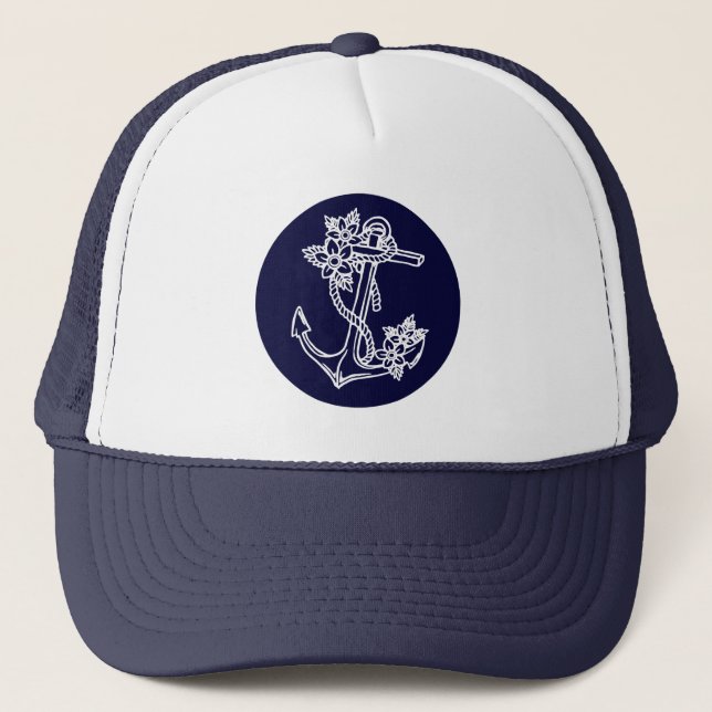 Gorra De Camionero Anclaje Náutico Floral Azul Blanco y Naval (Anverso)