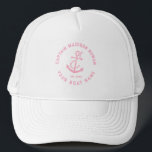 Gorra De Camionero Anclaje Náutico Vintage Rosado Y Blanco<br><div class="desc">Elegante anclaje de barco náutico rosa vintage con tipografía rosa personalizado.</div>