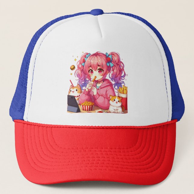 Gorra De Camionero Anime Bliss: Chica, papas y Mascota (Anverso)