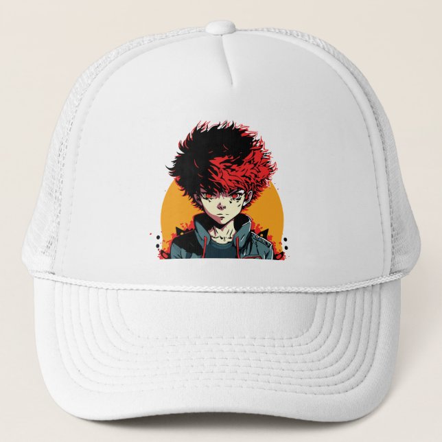 Gorra De Camionero Anime Boy: Ilustracion de pelo rojo y negro (Anverso)