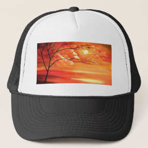 Gorra De Camionero Árbol abstracto y atardecer rojo