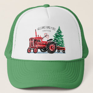 Gorra De Camionero Árbol de Navidad de Tractor de Vintage Rojo Añadir