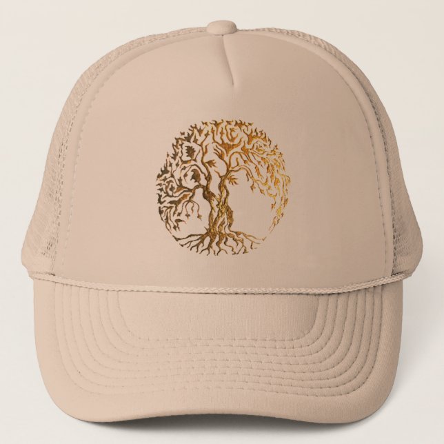 Gorra De Camionero Árbol Mehndi de la Vida (Oro) (Anverso)