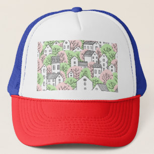 Gorra De Camionero Árboles, casas, paisaje de la ciudad primaveral