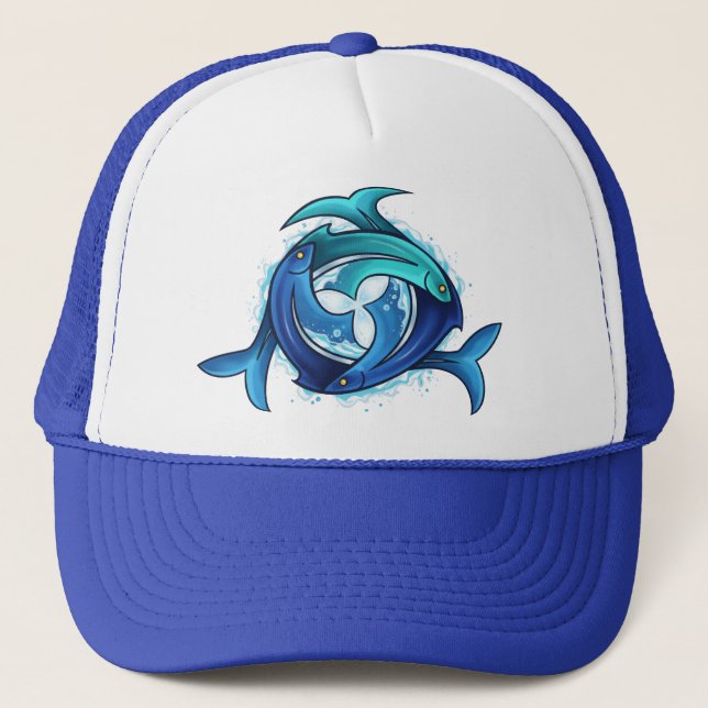 Gorra De Camionero Armonía Aqua: Trinidad de peces entrelazados (Anverso)