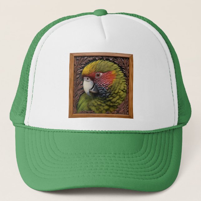 Gorra De Camionero Armonía De La Madera: Lorikeet Verde Sobre Madera  (Anverso)