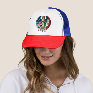 Gorra De Camionero Arte patriótico de mujer ángel con banderas de Est