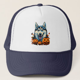 Gorra De Camionero Arte pop molinando perro Husky con calabazas Hallo