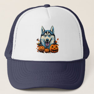 Gorra De Camionero Arte pop molinando perro Husky con calabazas Hallo