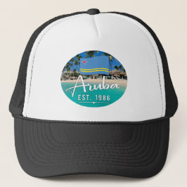Gorra De Camionero "Aruba Este. Playa Con Bandera De 1986"