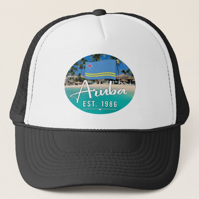 Gorra De Camionero "Aruba Este. Playa Con Bandera De 1986" (Anverso)