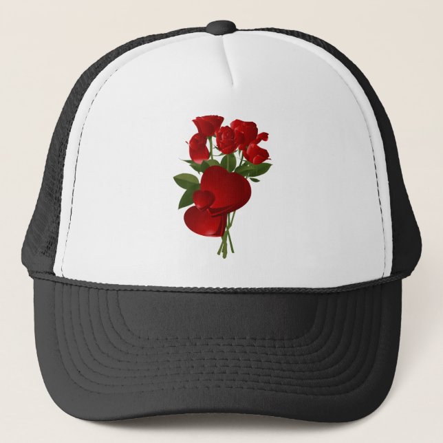 Gorra De Camionero Asombrosas rosas rojas y corazones (Anverso)